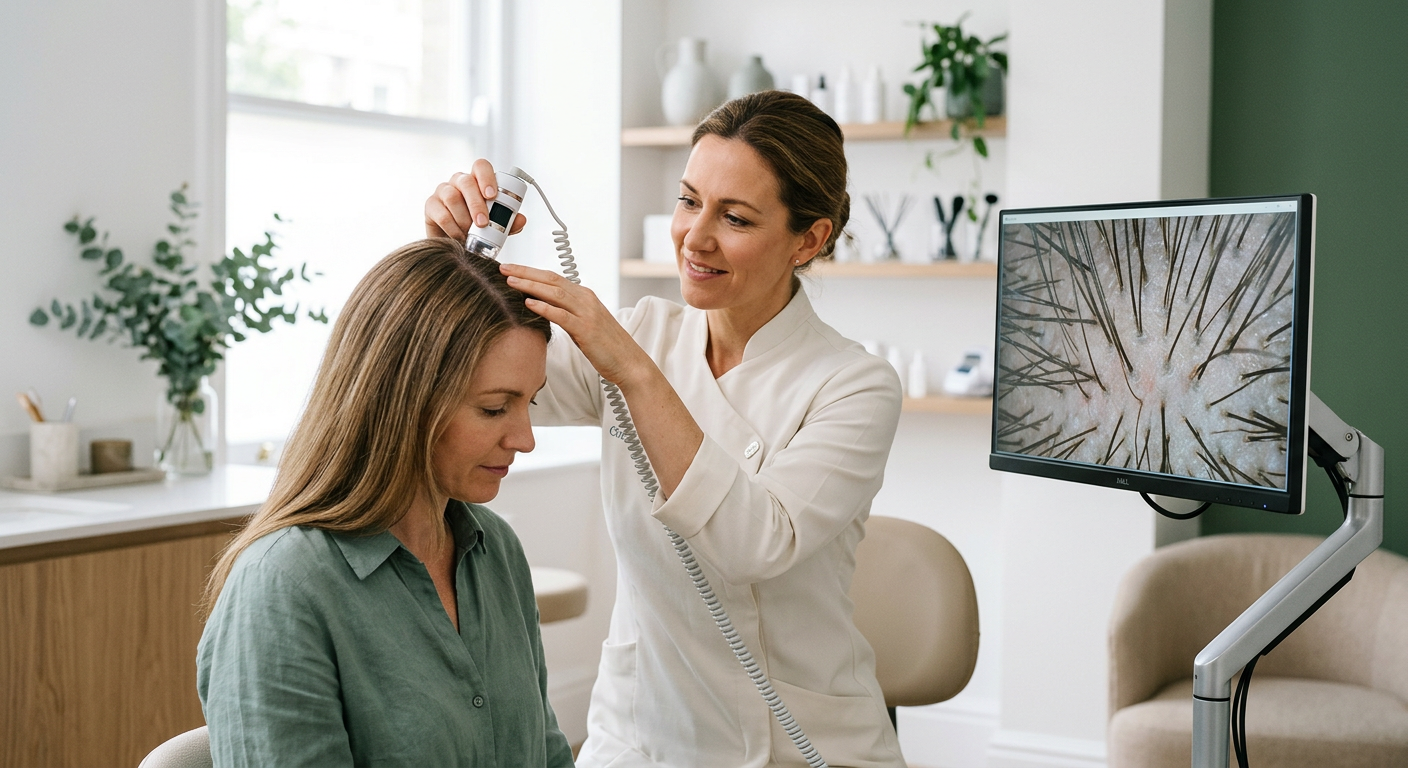 Trichologist examining a scalp with a magnifying trichoscope