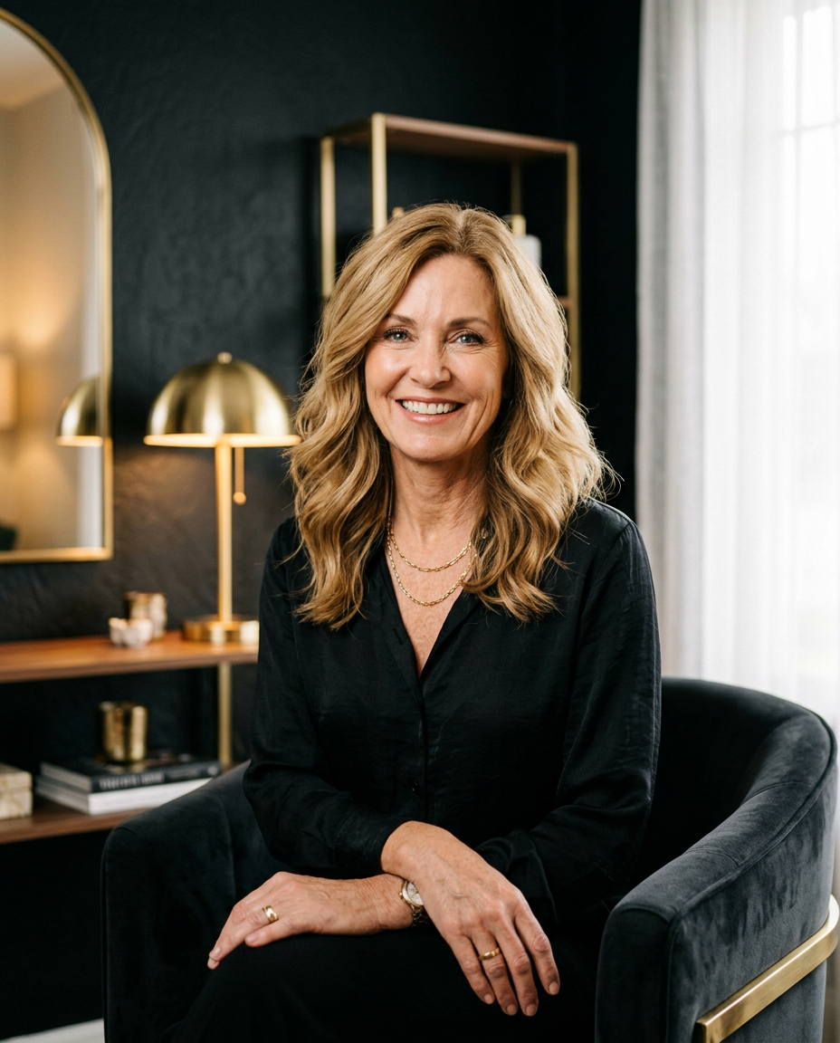 Smiling woman with full, healthy hair in a private studio