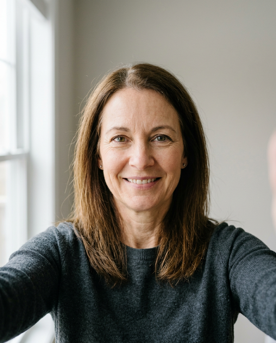 Example of a good try-on photo: a woman facing the camera in soft window light, hair down, head and shoulders in frame